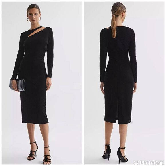 NWT REISS Petite Macey Velvet Cut-Out Midi Dress, Black - Picture 1 of 14